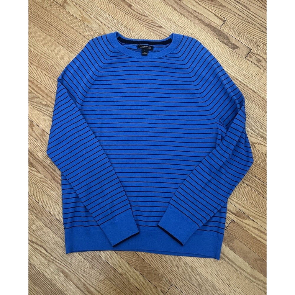 Banana Republic Sweater Large Striped Pima Cotton Cashmere Crewneck Royal Blue